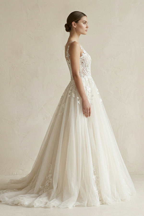 Illusion Neck Appliqued Tulle Wedding Gown in White - KISS BRIDAL Wedding Dresses