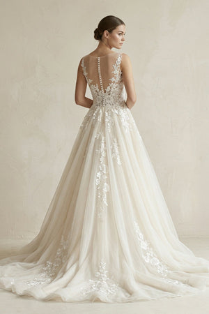 Illusion Neck Appliqued Tulle Wedding Gown in White - KISS BRIDAL Wedding Dresses