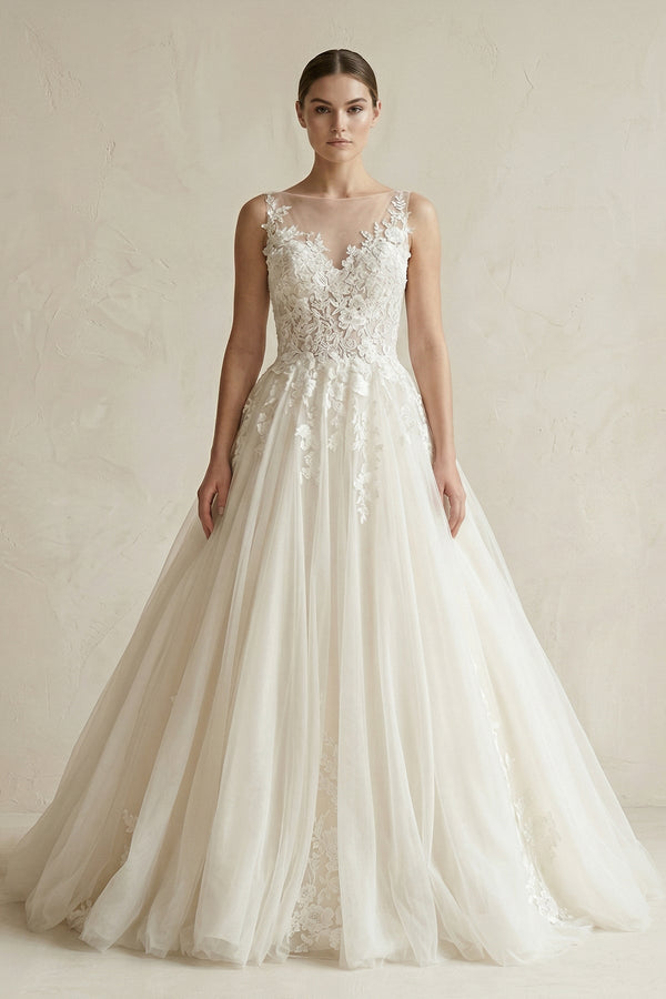 Illusion Neck Appliqued Tulle Wedding Gown in White - KISS BRIDAL Wedding Dresses