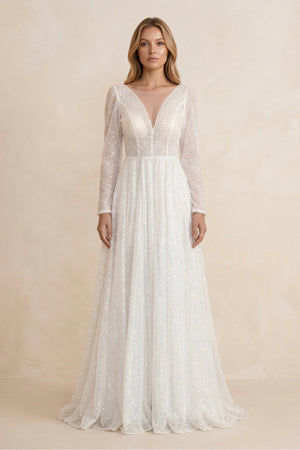 Illusion Neck Sequined A - Line Wedding Dress With Long Sleeves in Ivory - KISS BRIDAL Wedding Dresses