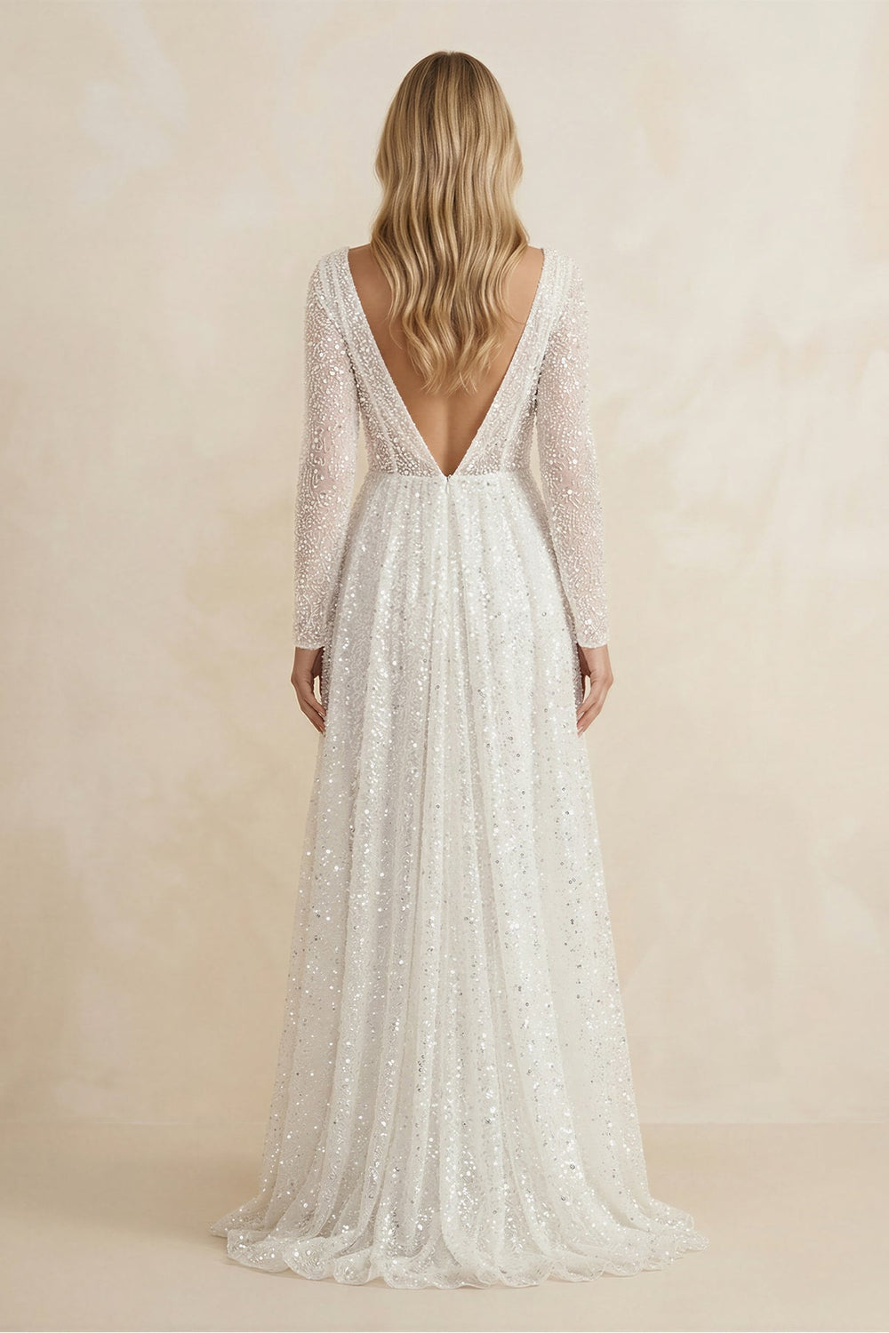 Illusion Neck Sequined A-Line Wedding Dress With Long Sleeves in Ivory