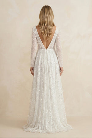 Illusion Neck Sequined A - Line Wedding Dress With Long Sleeves in Ivory - KISS BRIDAL Wedding Dresses