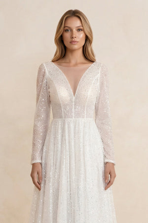 Illusion Neck Sequined A - Line Wedding Dress With Long Sleeves in Ivory - KISS BRIDAL Wedding Dresses