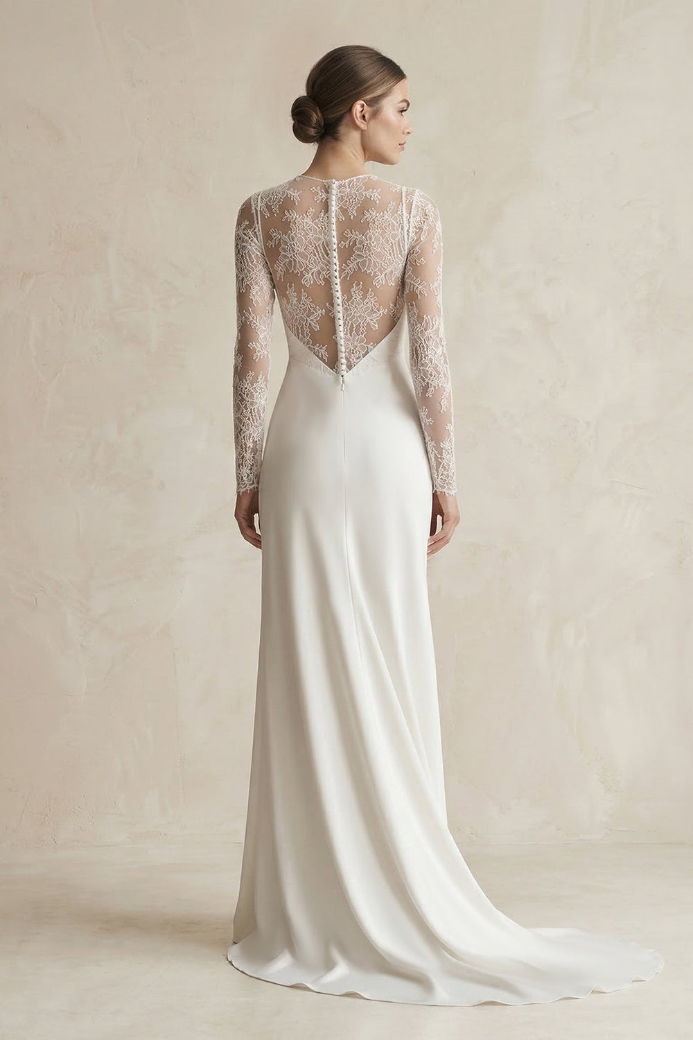 Illusion Neck Sheath Satin Appliqued Wedding Dress in White