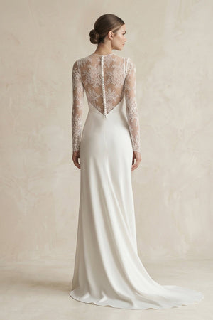 Illusion Neck Sheath Satin Appliqued Wedding Dress in White - KISS BRIDAL Wedding Dresses