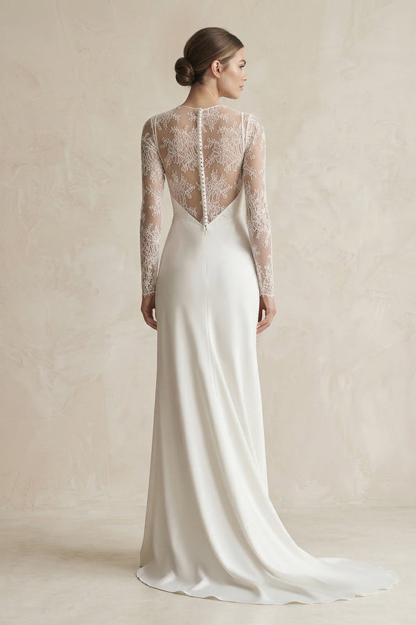 Illusion Neck Sheath Satin Appliqued Wedding Dress in White - KISS BRIDAL Wedding Dresses