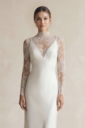 Illusion Neck Sheath Satin Appliqued Wedding Dress in White - KISS BRIDAL Wedding Dresses
