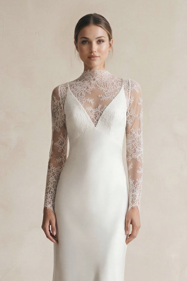 Illusion Neck Sheath Satin Appliqued Wedding Dress in White - KISS BRIDAL Wedding Dresses