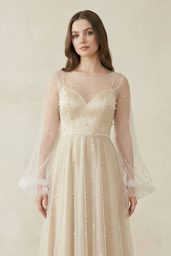 Illusion Neck Tulle A - Line Long Sleeve Wedding Dress With Pearl in White - Nude - KISS BRIDAL Wedding Dresses