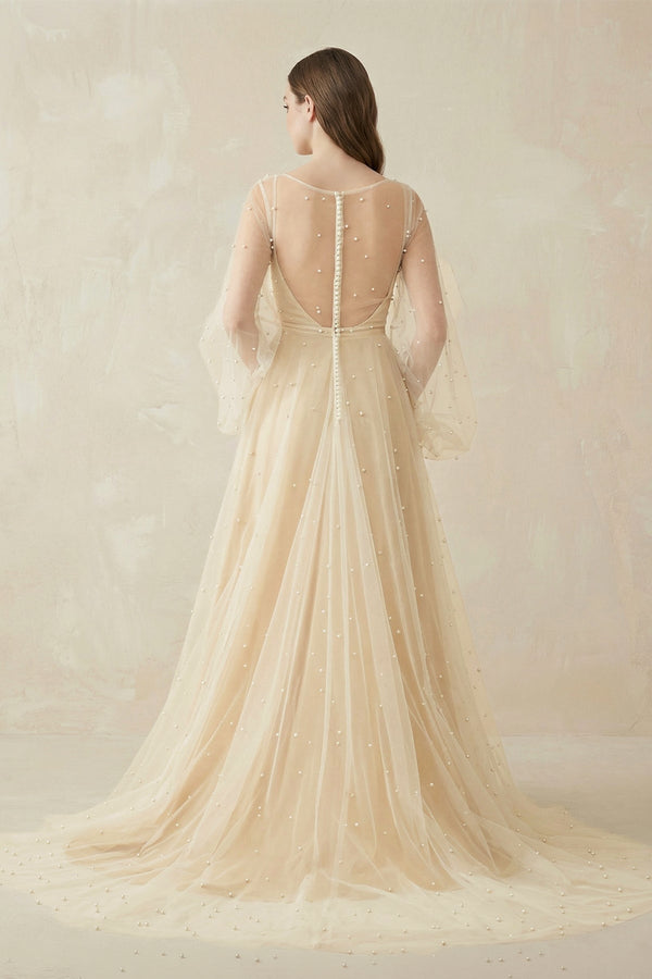 Illusion Neck Tulle A - Line Long Sleeve Wedding Dress With Pearl in White - Nude - KISS BRIDAL Wedding Dresses
