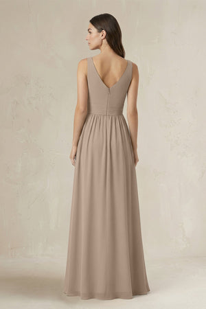 Illusion V-Neck A-Line Ruched Bridesmaid Dress in Almond (2) | KISSBRIDAL
