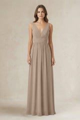 Illusion V-Neck A-Line Ruched Bridesmaid Dress in Almond | KISSBRIDAL