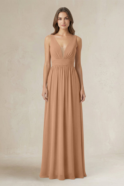 Illusion V - Neck A - Line Ruched Bridesmaid Dress in Bronzer - KISS BRIDAL Bridesmaid Dresses
