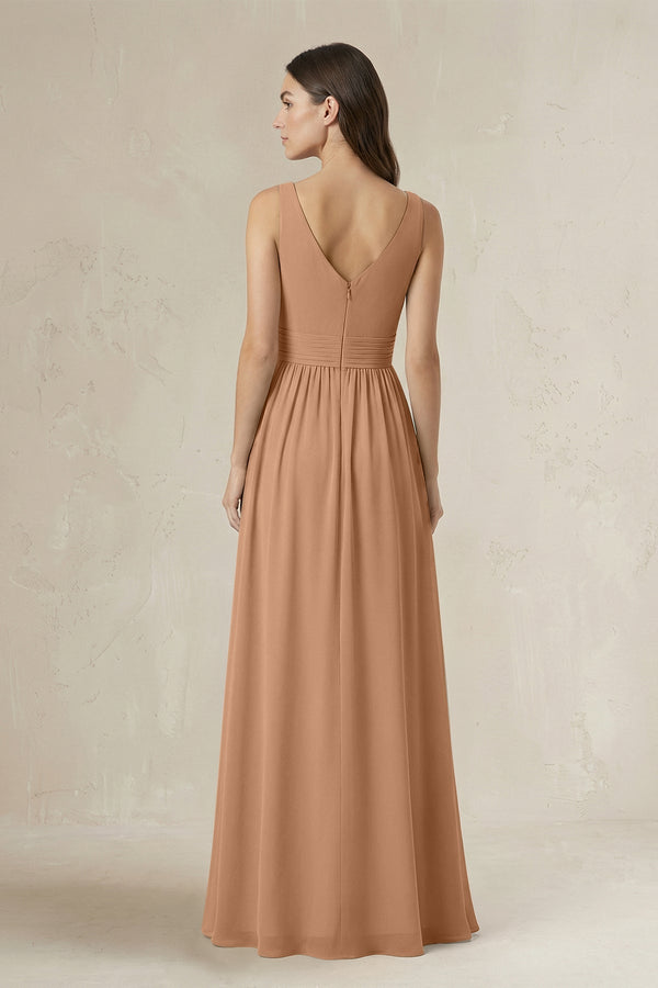 Illusion V - Neck A - Line Ruched Bridesmaid Dress in Bronzer - KISS BRIDAL Bridesmaid Dresses