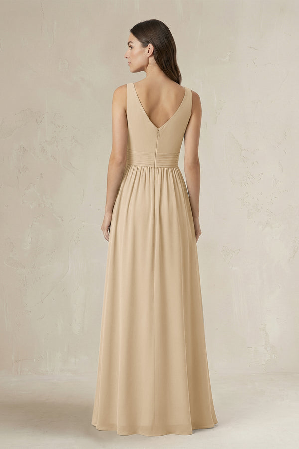 Illusion V-Neck A-Line Ruched Bridesmaid Dress in Champagne (2) | KISSBRIDAL