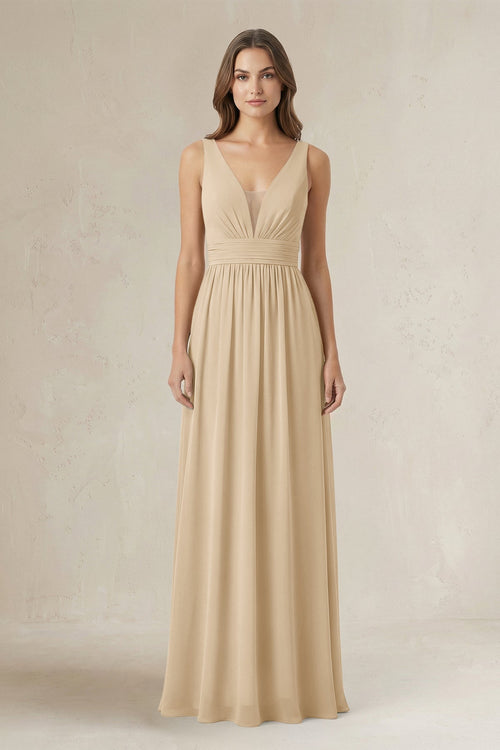Illusion V-Neck A-Line Ruched Bridesmaid Dress in Champagne | KISSBRIDAL