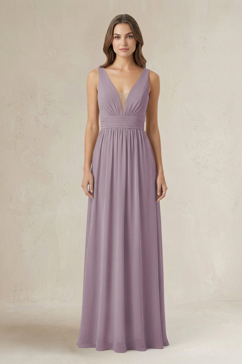 Illusion V-Neck A-Line Ruched Bridesmaid Dress in Dusk | KISSBRIDAL