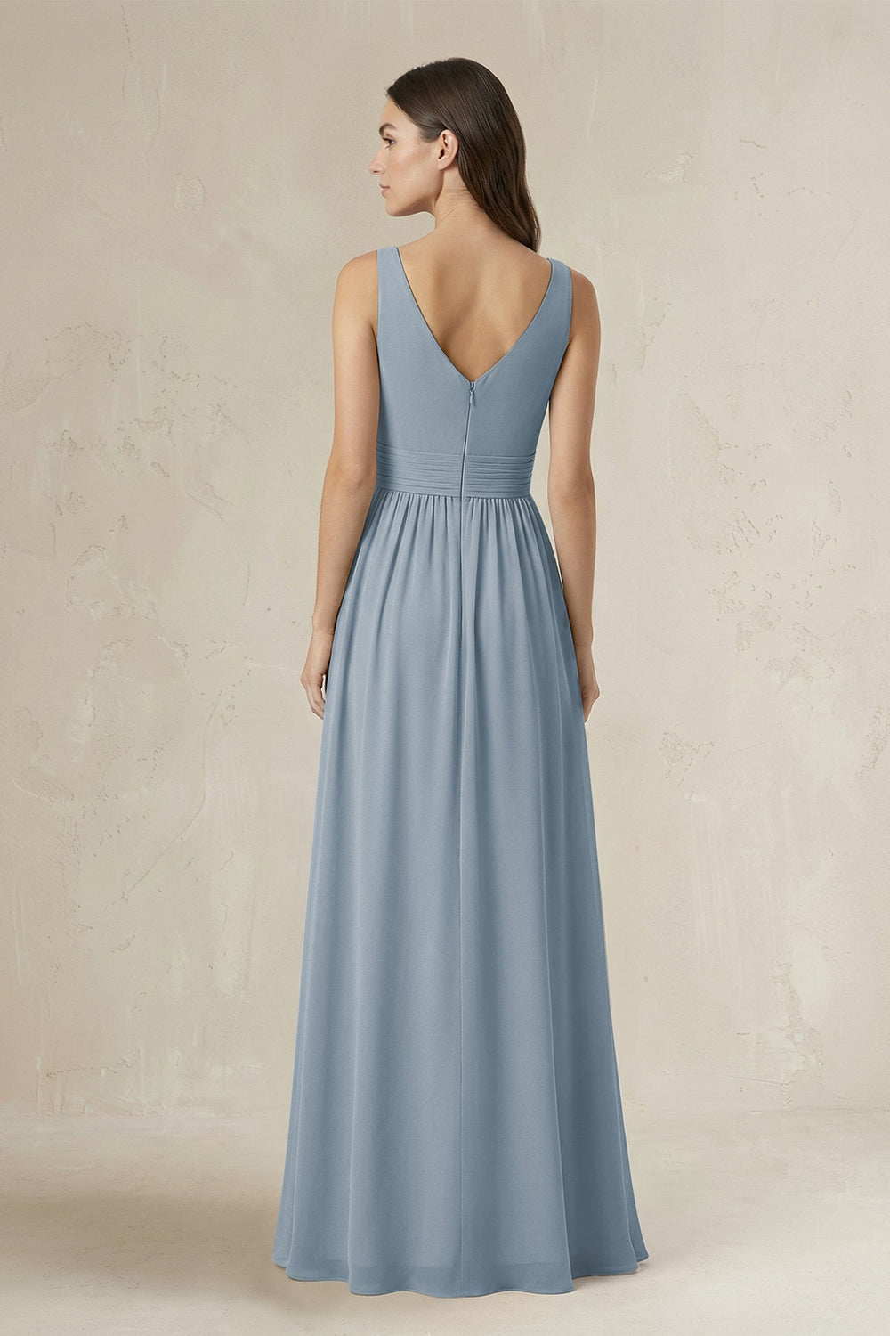 Illusion V-Neck A-Line Ruched Bridesmaid Dress in Dusty Blue