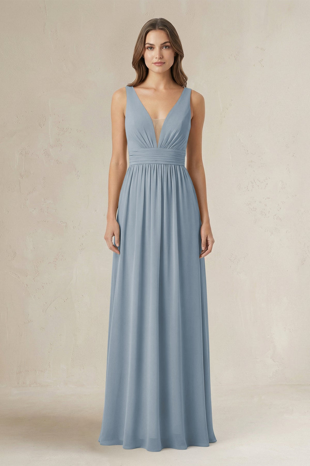 Illusion V-Neck A-Line Ruched Bridesmaid Dress in Dusty Blue