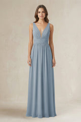 Illusion V-Neck A-Line Ruched Bridesmaid Dress in Dusty Blue | KISSBRIDAL