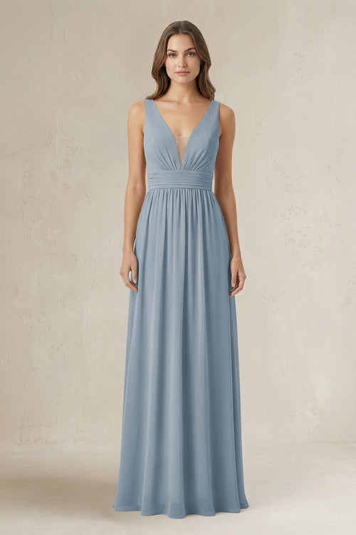 Illusion V-Neck A-Line Ruched Bridesmaid Dress in Dusty Blue | KISSBRIDAL