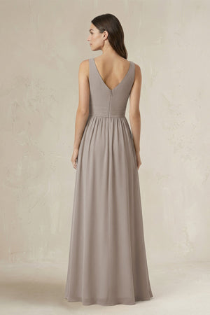 Illusion V-Neck A-Line Ruched Bridesmaid Dress in Frost (2) | KISSBRIDAL
