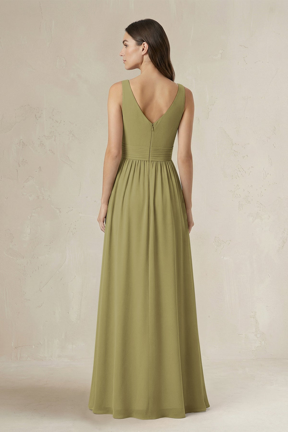Illusion V-Neck A-Line Ruched Bridesmaid Dress in Moss Green