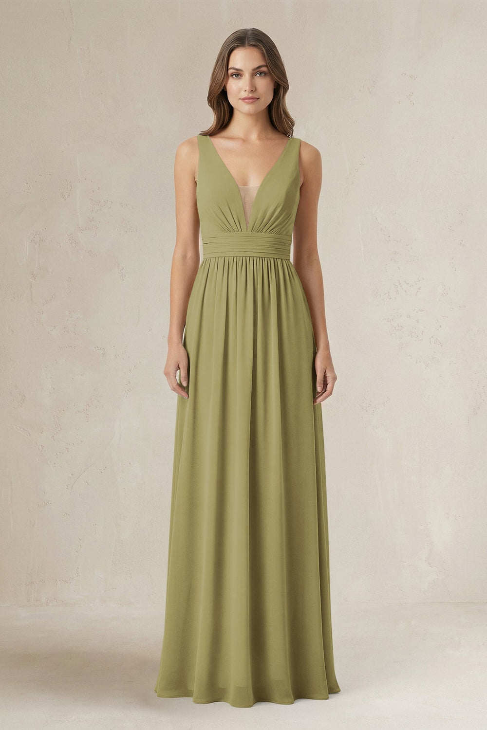 Illusion V-Neck A-Line Ruched Bridesmaid Dress in Moss Green