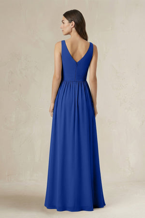 Illusion V - Neck A - Line Ruched Bridesmaid Dress in Royal Blue - KISS BRIDAL Bridesmaid Dresses