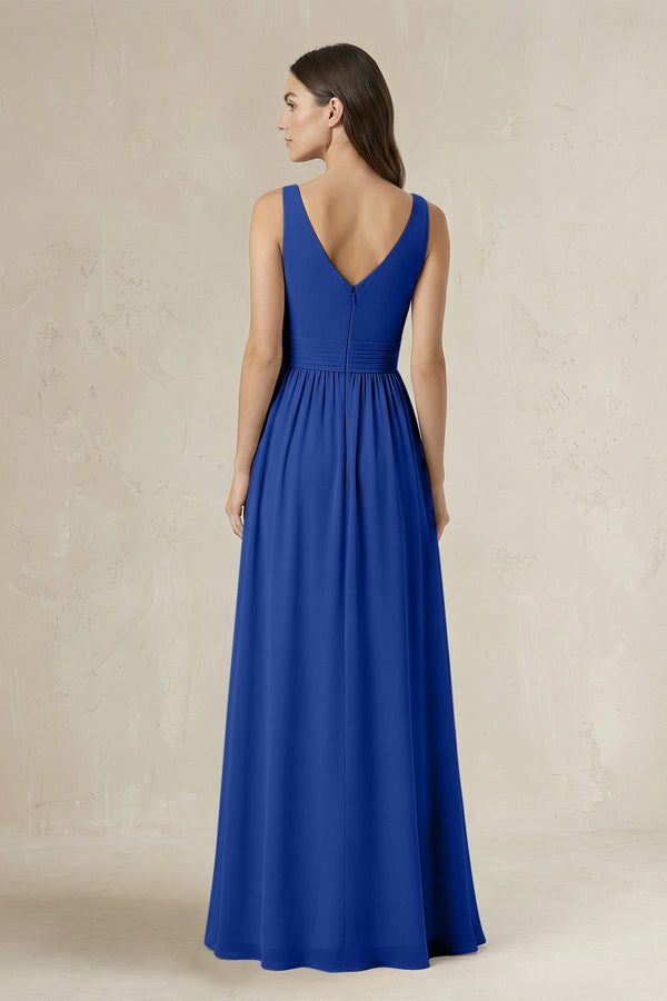 Illusion V - Neck A - Line Ruched Bridesmaid Dress in Royal Blue - KISS BRIDAL Bridesmaid Dresses