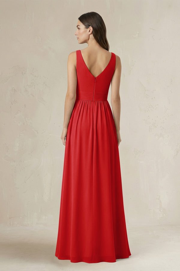 Illusion V - Neck A - Line Ruched Bridesmaid Dress in Ruby Red - KISS BRIDAL Bridesmaid Dresses