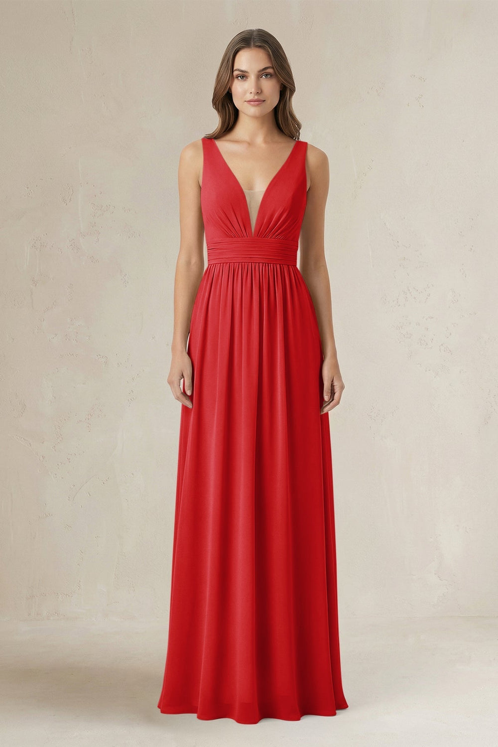 Illusion V-Neck A-Line Ruched Bridesmaid Dress in Ruby Red