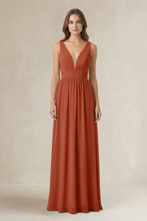 Illusion V - Neck A - Line Ruched Bridesmaid Dress in Spice - KISS BRIDAL Bridesmaid Dresses
