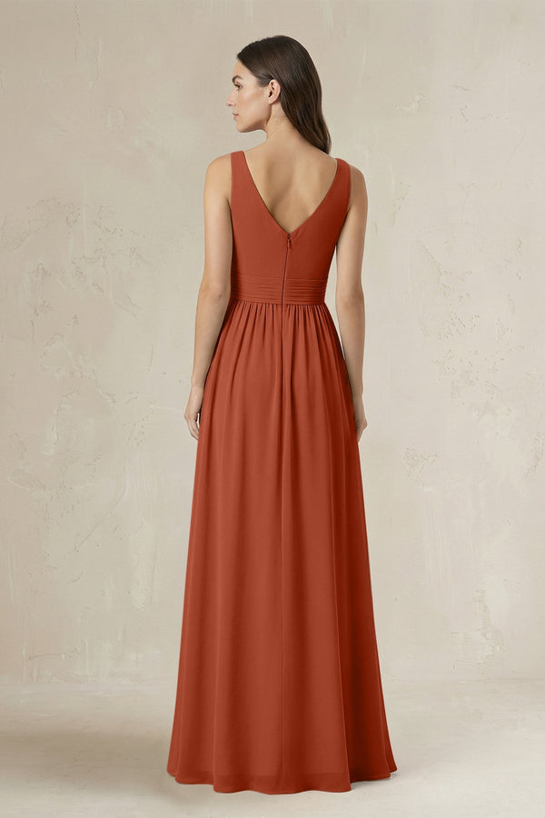Illusion V - Neck A - Line Ruched Bridesmaid Dress in Spice - KISS BRIDAL Bridesmaid Dresses