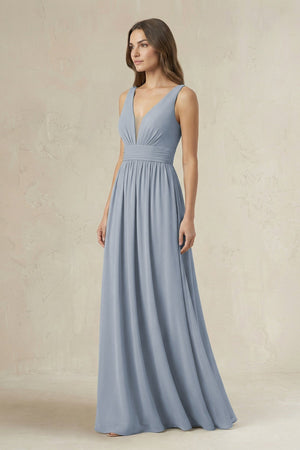 Illusion V - Neck A - Line Ruched Bridesmaid Dress in Twilight - KISS BRIDAL Bridesmaid Dresses