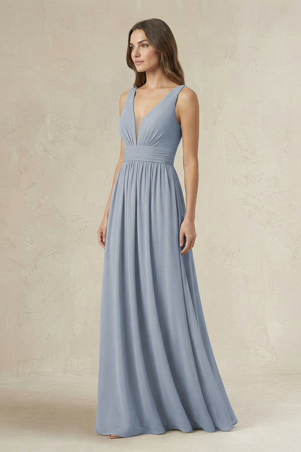 Illusion V - Neck A - Line Ruched Bridesmaid Dress in Twilight - KISS BRIDAL Bridesmaid Dresses