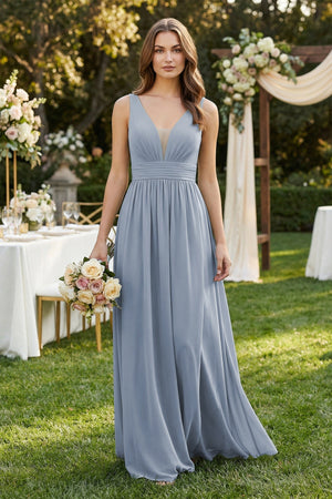 Illusion V - Neck A - Line Ruched Bridesmaid Dress in Twilight - KISS BRIDAL Bridesmaid Dresses
