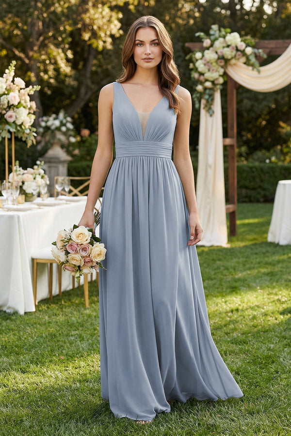 Illusion V - Neck A - Line Ruched Bridesmaid Dress in Twilight - KISS BRIDAL Bridesmaid Dresses