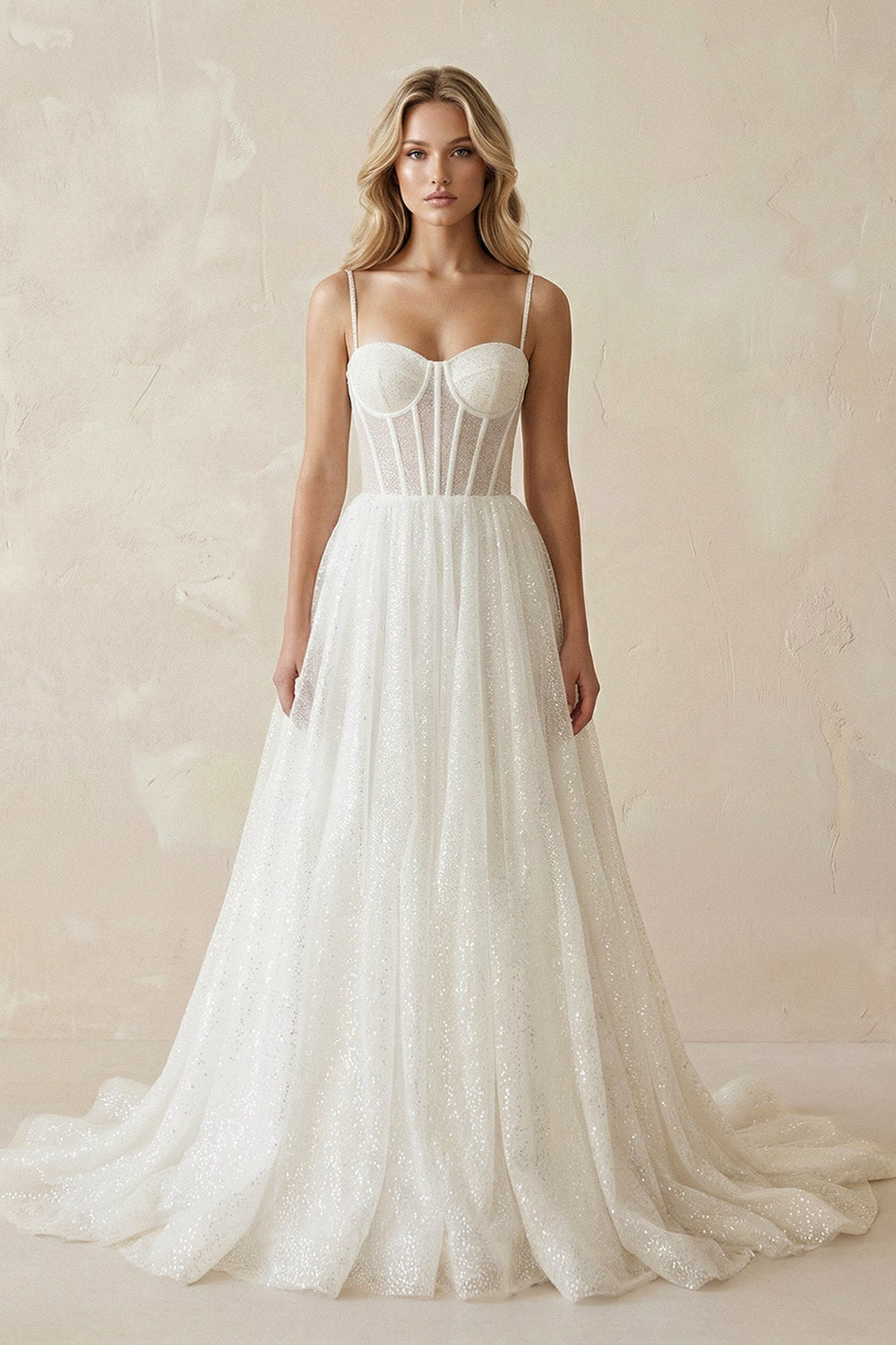 Glitter Ivory A-Line Corset Tulle Wedding Dress