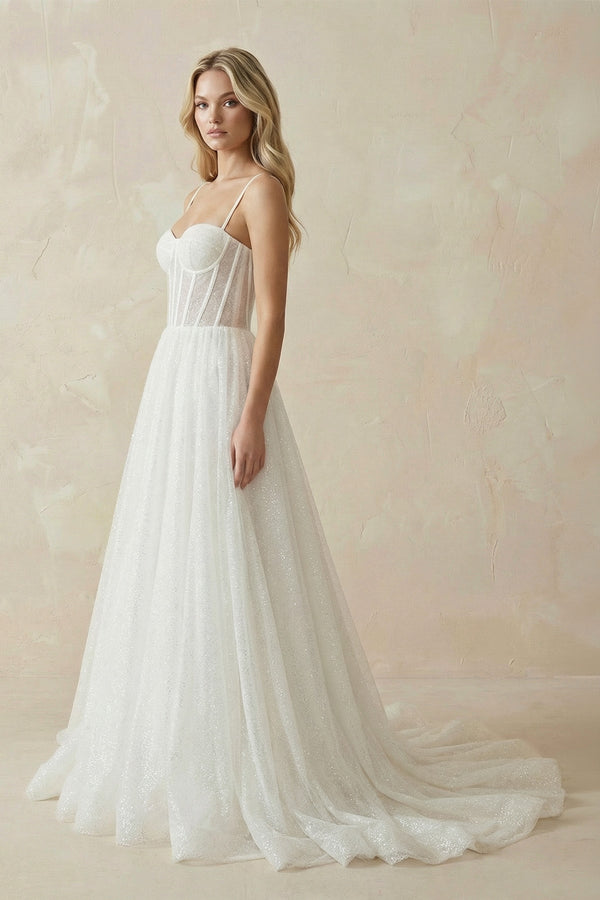 Ivory A - Line Glitter Tulle Wedding Dress - KISS BRIDAL Wedding Dresses