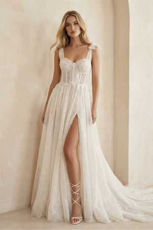 Ivory Glitter Tulle A - Line Wedding Dress with Slit - KISS BRIDAL Wedding Dresses