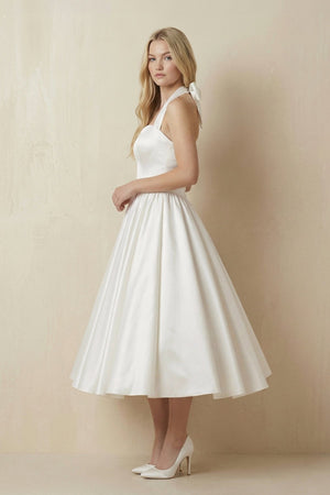 Ivory Halter Satin A - Line Midi Wedding Dress with Bow - KISS BRIDAL Wedding Dresses