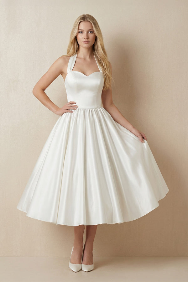 Ivory Halter Satin A - Line Midi Wedding Dress with Bow - KISS BRIDAL Wedding Dresses