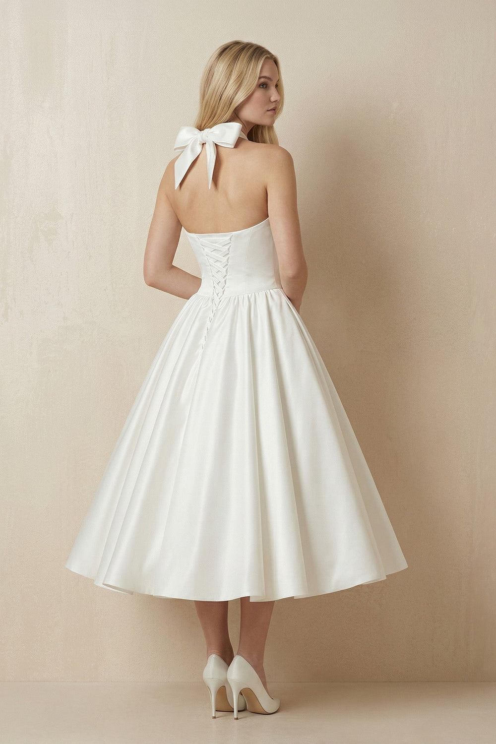 Ivory Halter Satin A-Line Midi Wedding Dress with Bow