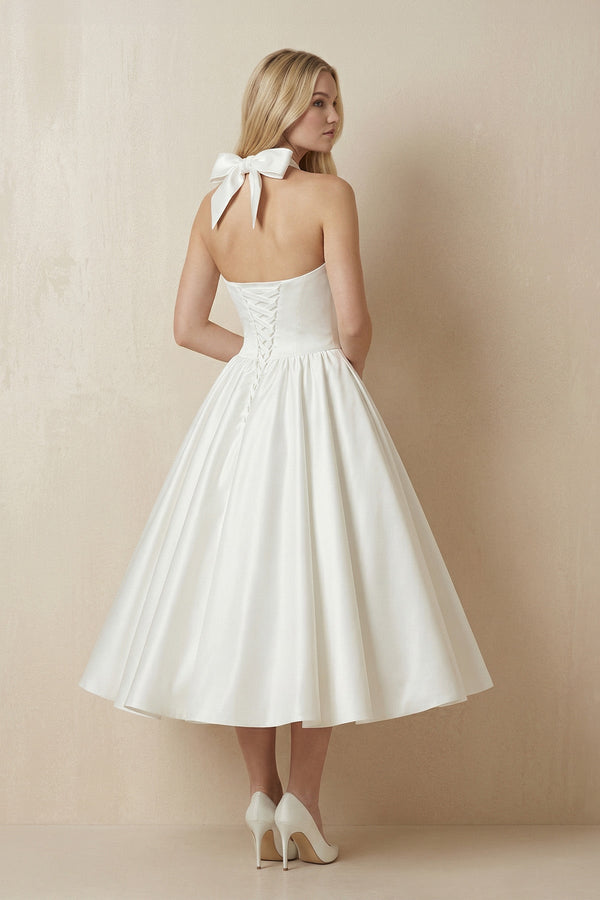 Ivory Halter Satin A - Line Midi Wedding Dress with Bow - KISS BRIDAL Wedding Dresses
