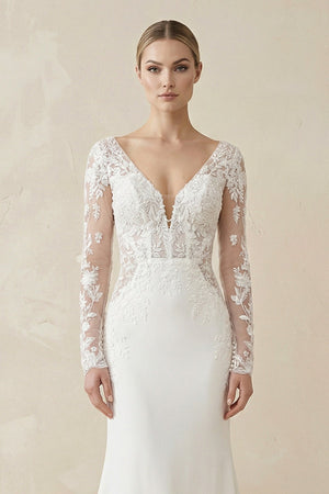 Ivory Lace Long Sleeve Mermaid Wedding Dress - KISS BRIDAL Wedding Dresses