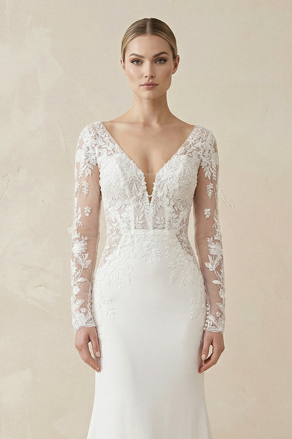 Ivory Lace Long Sleeve Mermaid Wedding Dress - KISS BRIDAL Wedding Dresses