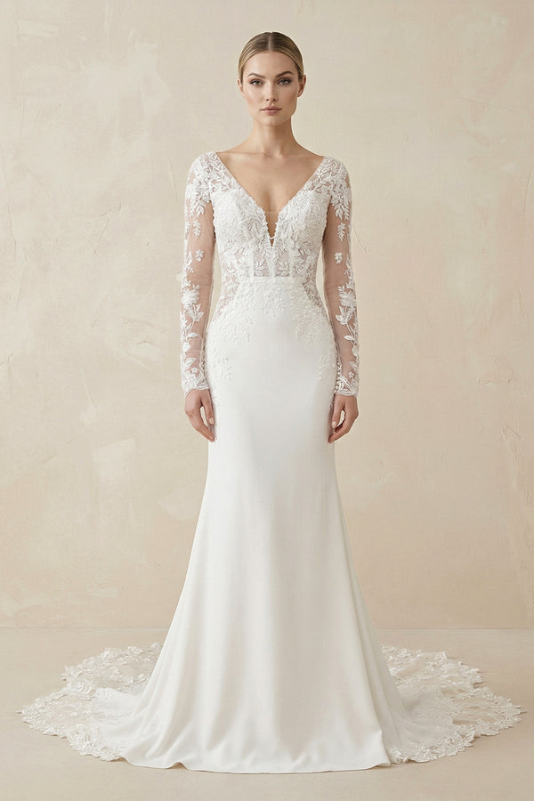Ivory Lace Long Sleeve Mermaid Wedding Dress - KISS BRIDAL Wedding Dresses
