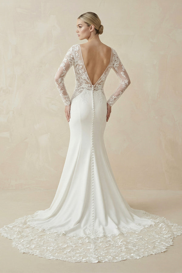 Ivory Lace Long Sleeve Mermaid Wedding Dress - KISS BRIDAL Wedding Dresses