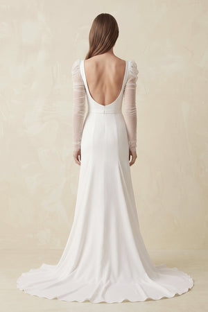 Ivory Mermaid Square Neck Long Sleeves Satin Wedding Dresses (2) | KISSBRIDAL
